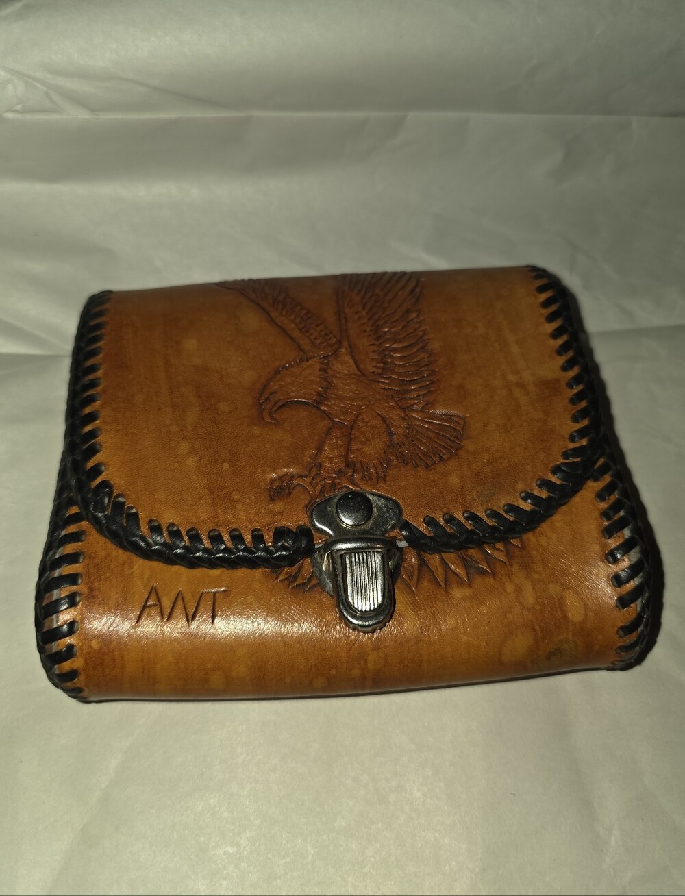 New,Handcrafted,Leather Eagle-Embossed Men's Wallet- Pouch Tan Black Stitching.